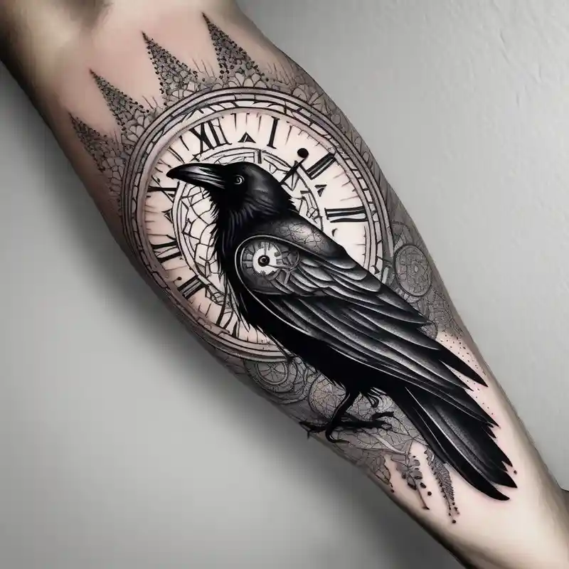 dotwork style Raven Tattoo Ideas in 2025 about left arm tattoo of a raven mandala on a branch with clock face half sleeve tattoos for men and left arm tattoo of a raven mandala on a branch with clock face half sleeve tattoos for men